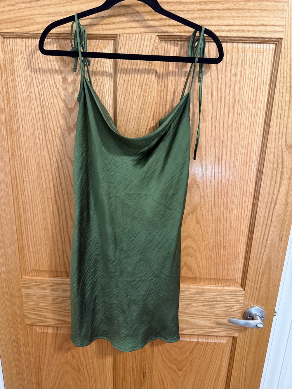 Motel Olive Satin Cowl Neck Tie-Strap Dress